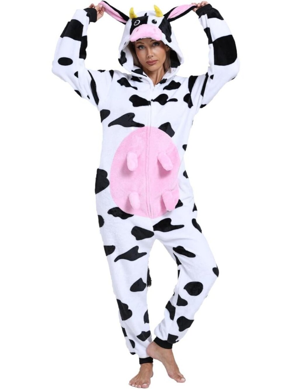 Women's New Pink Cow Adult Onesie Pajamas Animal One Piece Halloween Costume